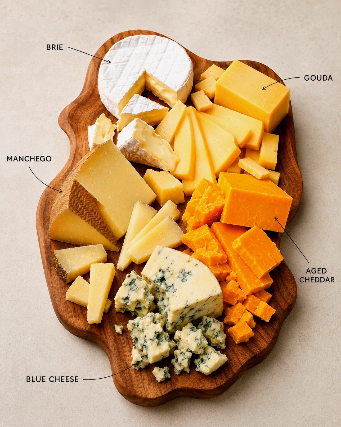 The five-cheese board, labelled. Brie, gouda, manchego, aged cheddar, blue.