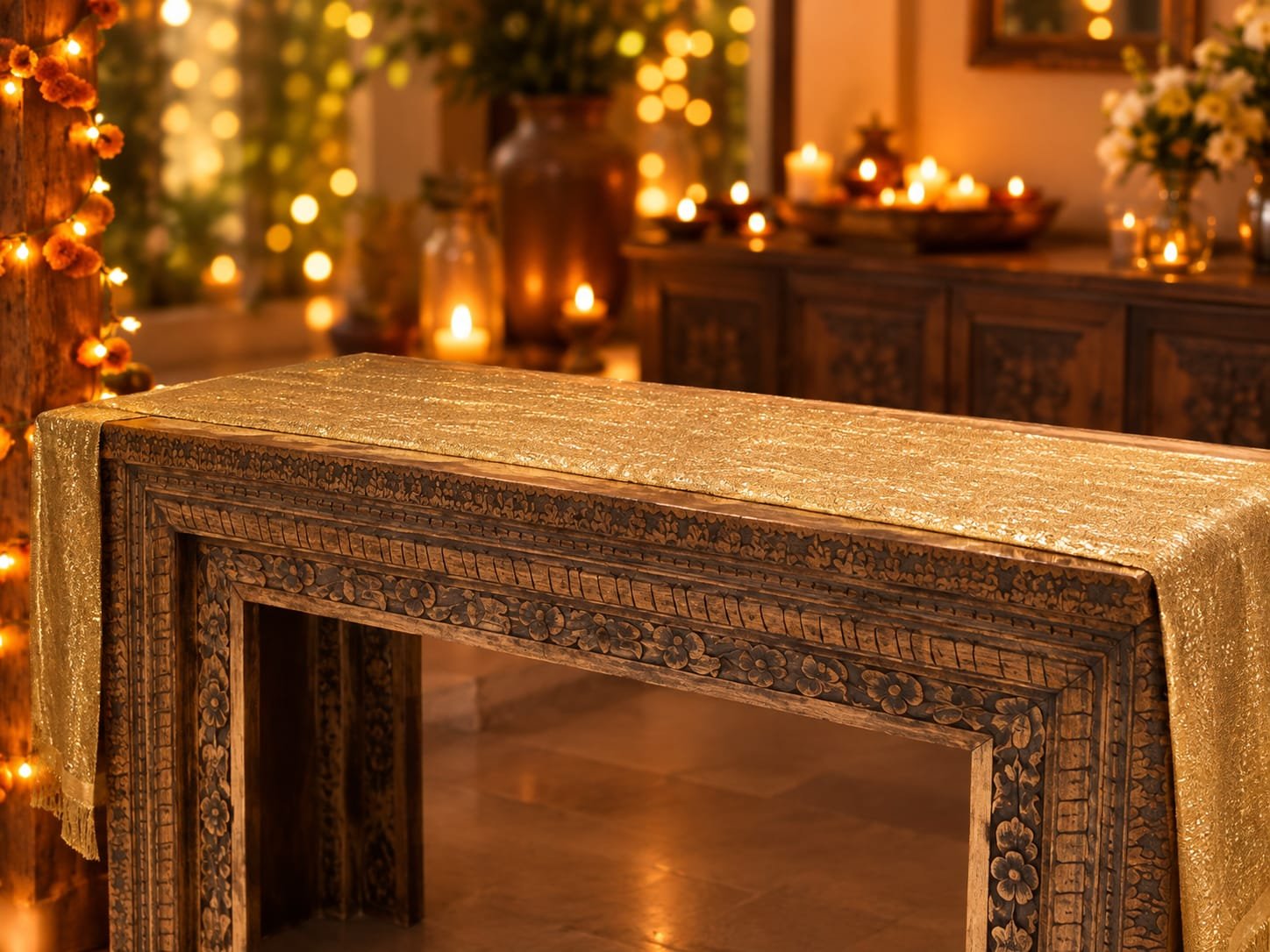 The gold runner laid long and falling over both ends, with the carved front of the table left on show.