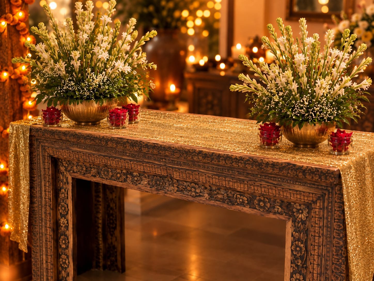 Rajnigandha in brass at either end and rose petals in glass along the front, with the centre kept clear for the food.