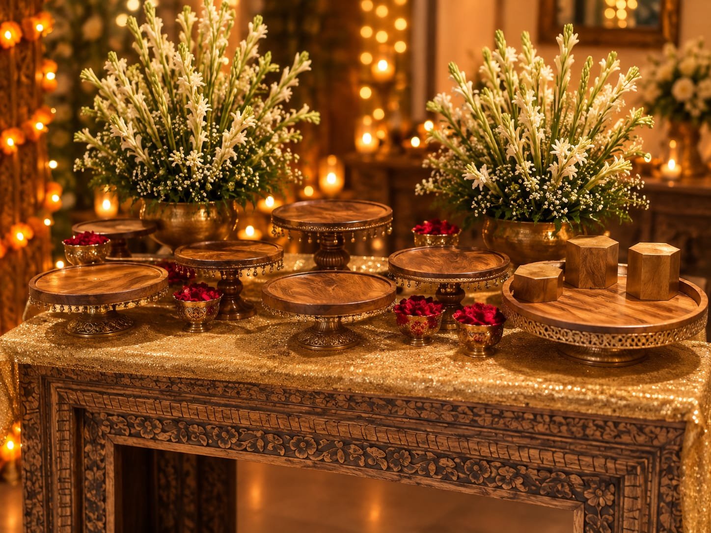 Wooden stands and risers set out empty at three heights, with small brass bowls of rose petals between them.