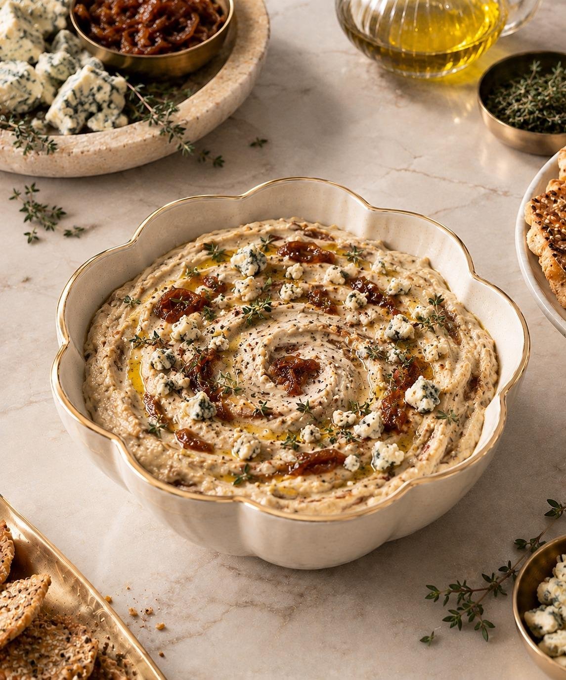 Caramelised onion, blue cheese and thyme cream, finished with thyme and black pepper.