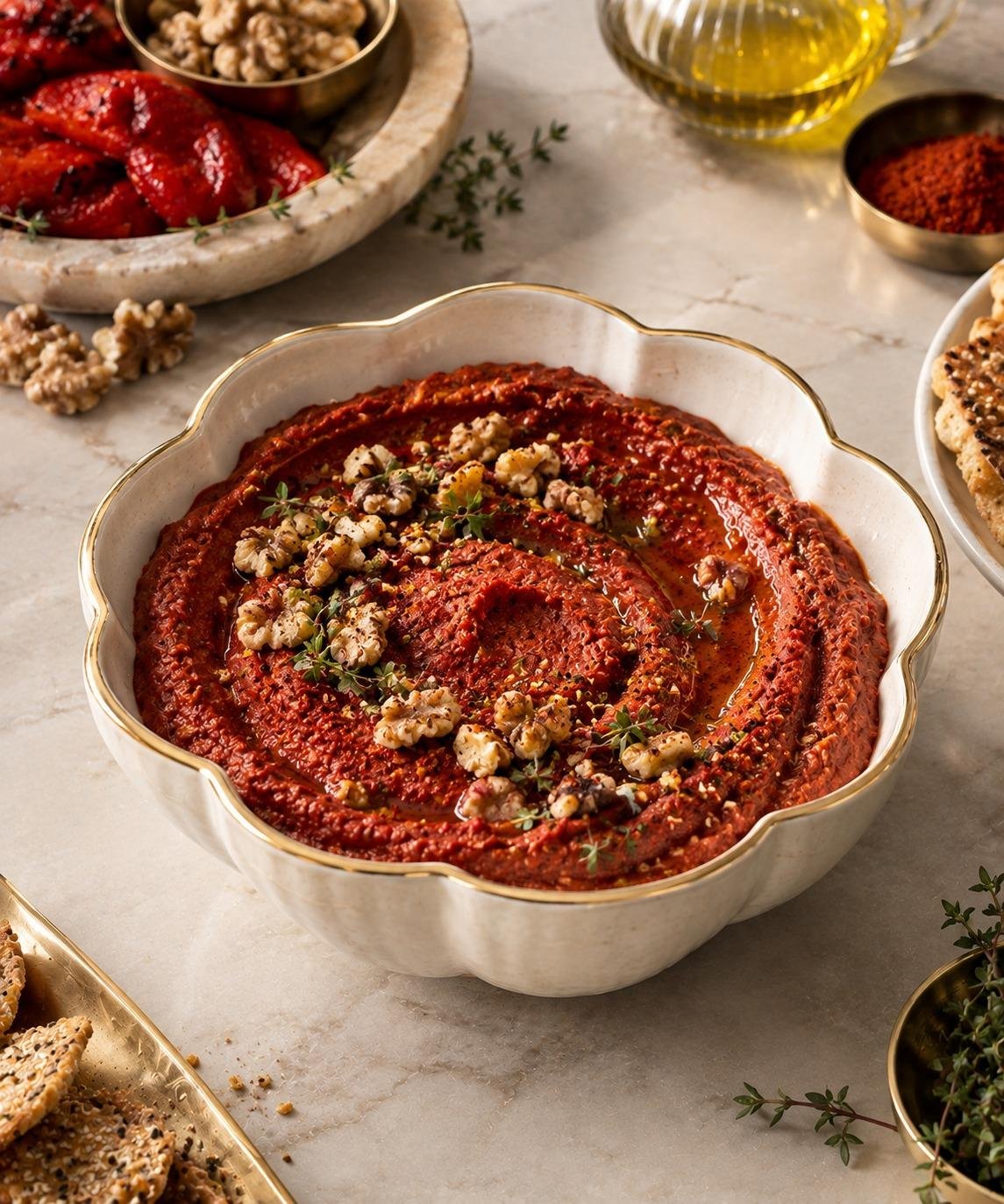 Charred pepper, walnut and smoked paprika dip, topped with toasted walnuts.