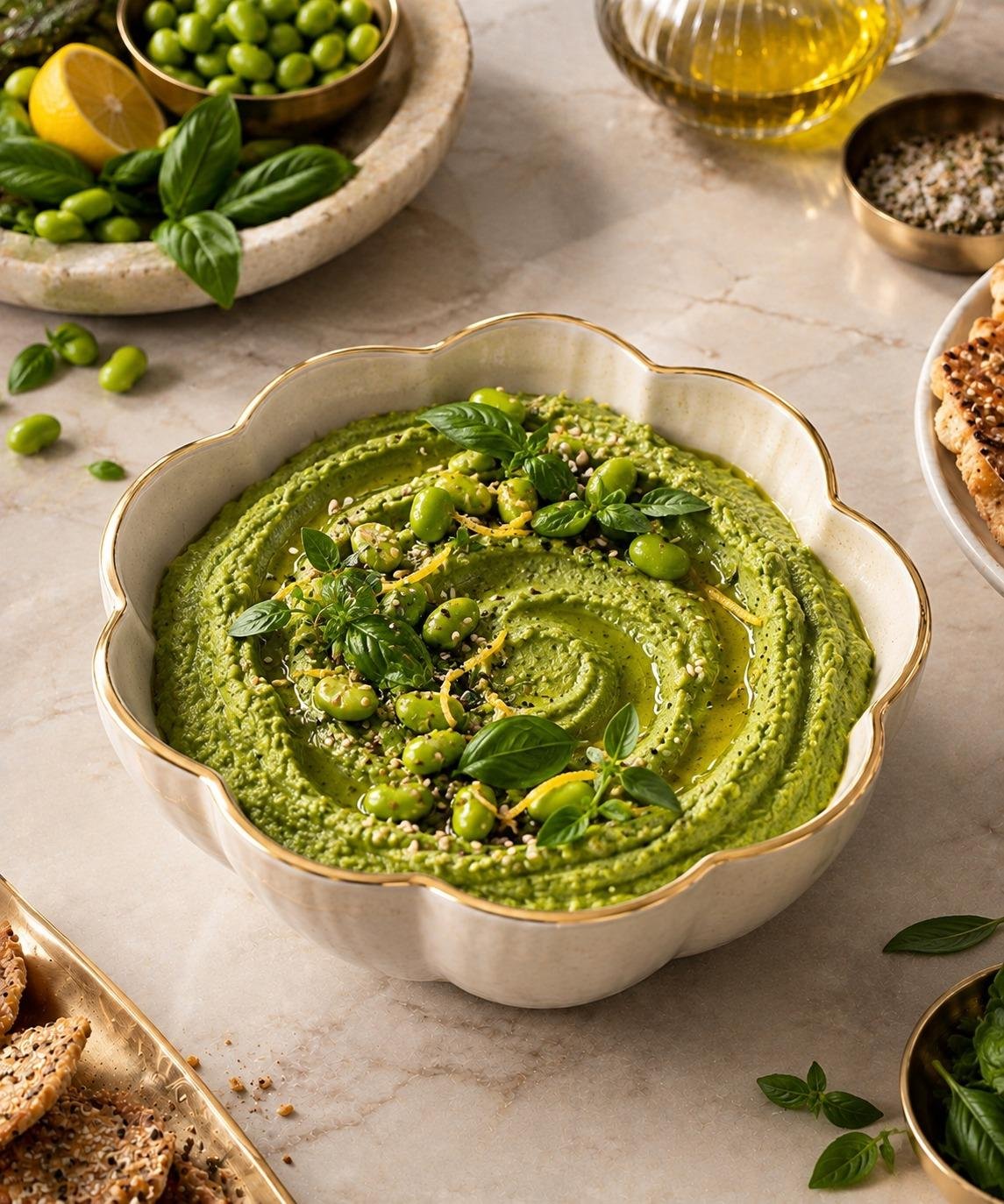 Edamame, basil and lemon silk, finished with whole edamame and basil leaves.