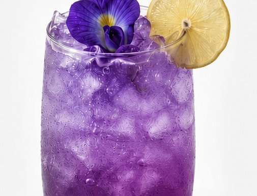 Butterfly pea flower lemonade, served over crushed ice.