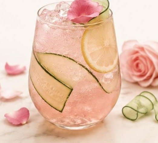 Sparkling rose lemonade with cucumber ribbons.